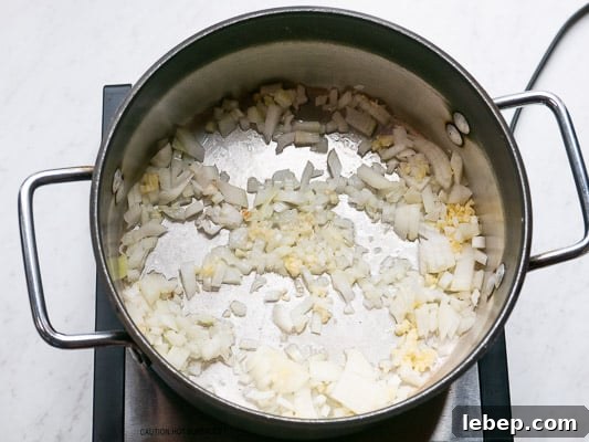 Stovetop Ham and Bean Soup Recipe — Ready in Minutes 3 Cooking onions in pot