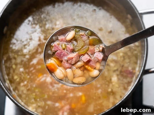 Stovetop Ham and Bean Soup Recipe — Ready in Minutes 7 A ladle full of soup over the pot