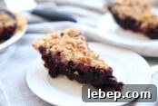 a slice of blueberry pie with a crumble topping on a white plate. A second slice is in the background and you can also see a corner of the pie pan the slices came out of.
