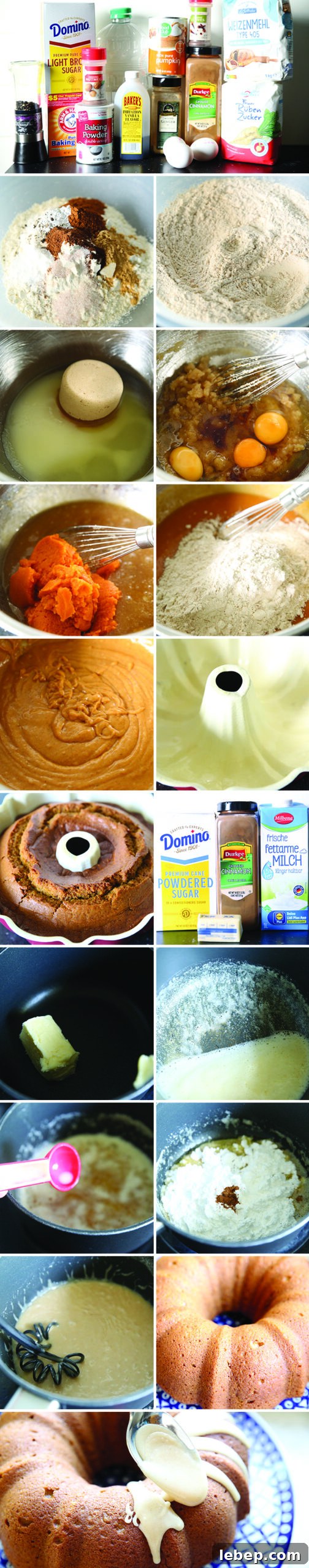 18-photo picture collage of step-by-step photos on how to make Pumpkin Spice Bundt Cake with Brown Butter Icing.