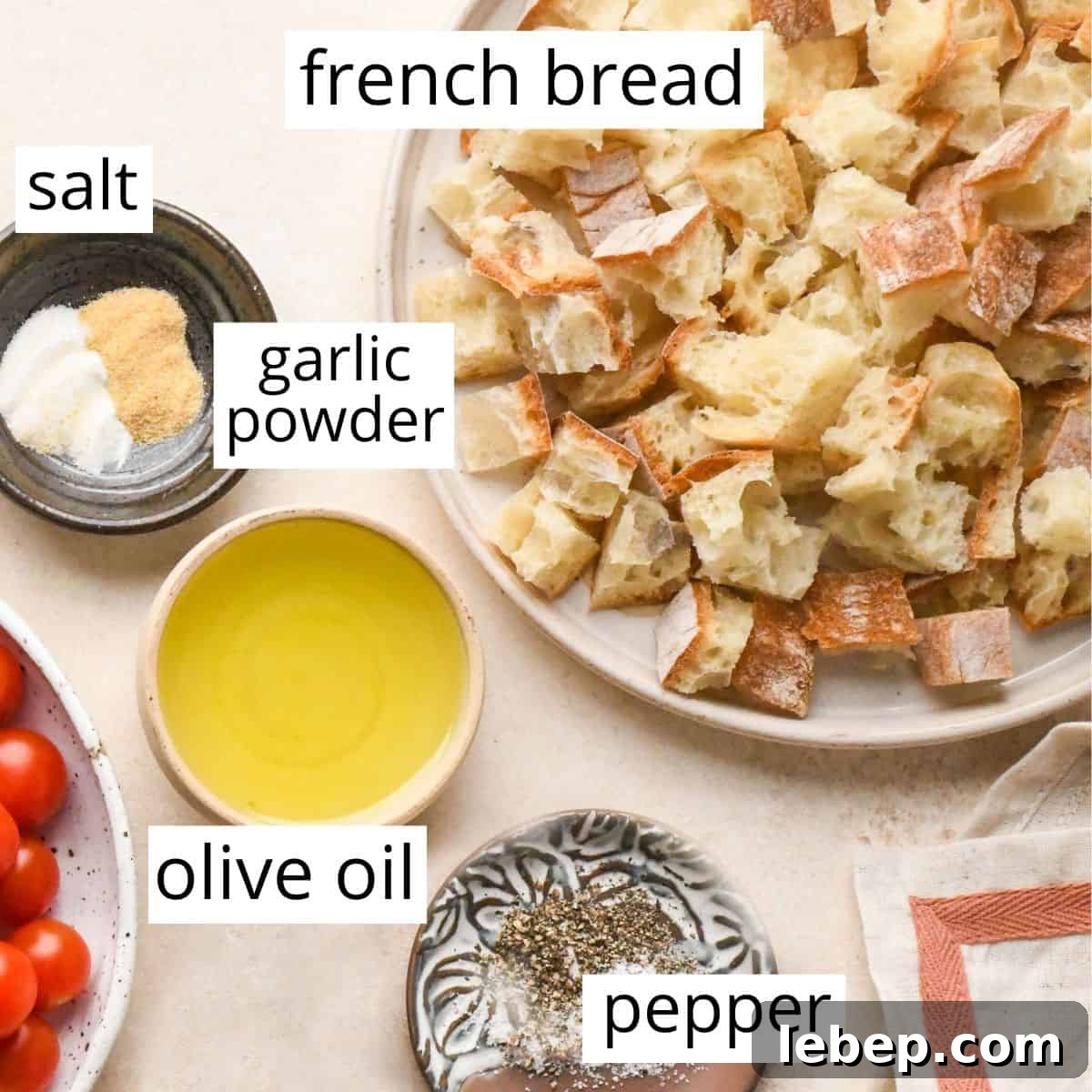 overhead photo of the ingredients in this Homemade Croutons recipe