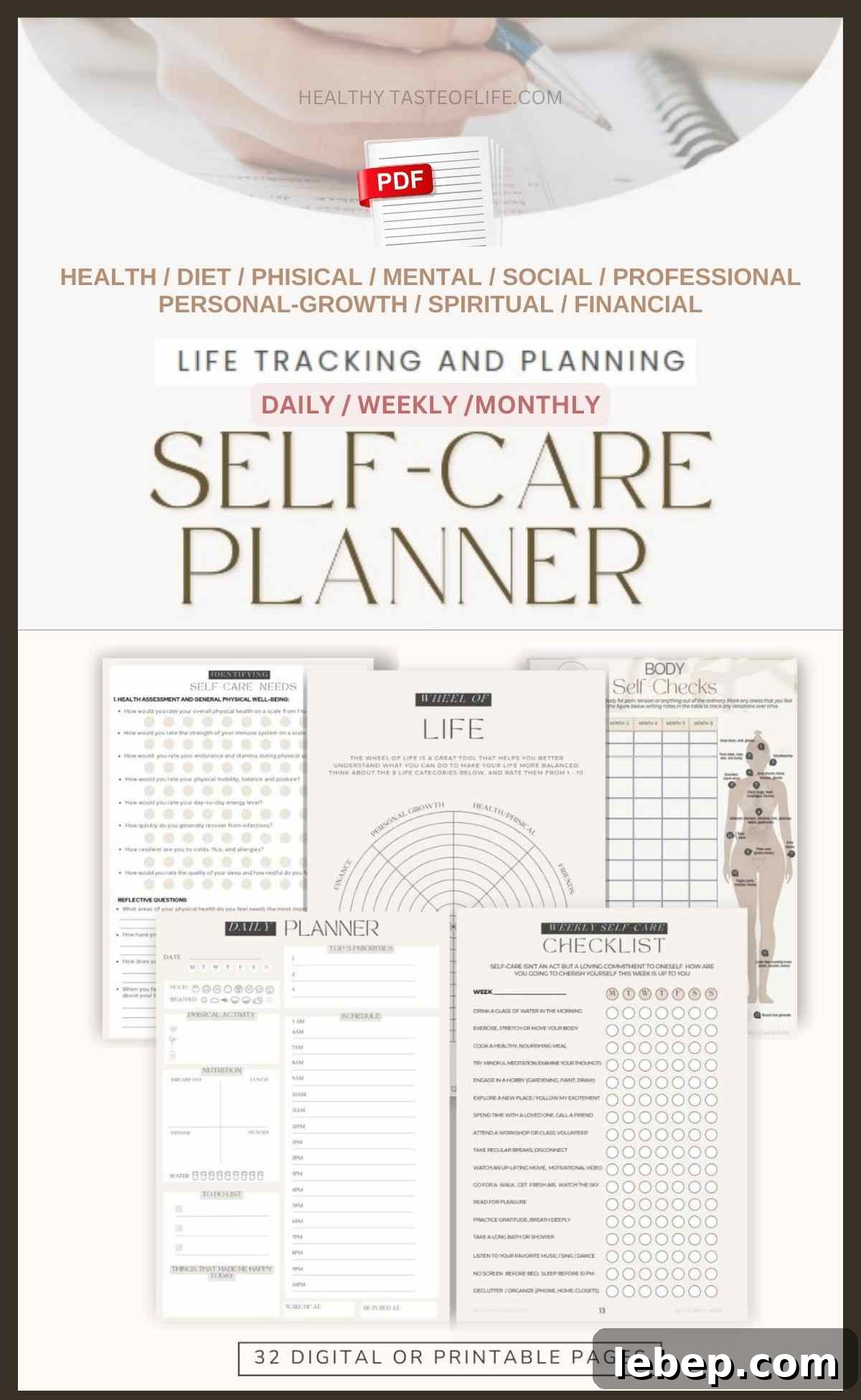 PDF Self-care planner (32 pages total) - instant download. This planner can be printed, or used as a digital self-care planner - in a note taking app.
