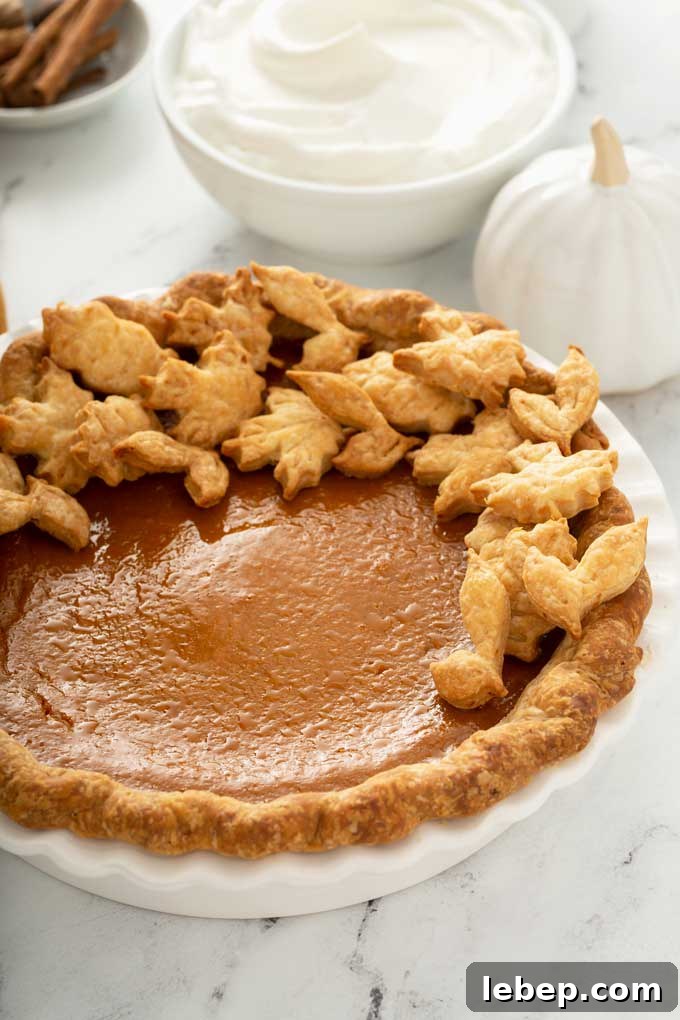 A whole pie decorated with pastry fall leaves on a pie plate.