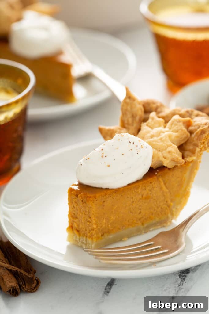 Sliced of pie topped with whipped cream on a white plate next to a fork