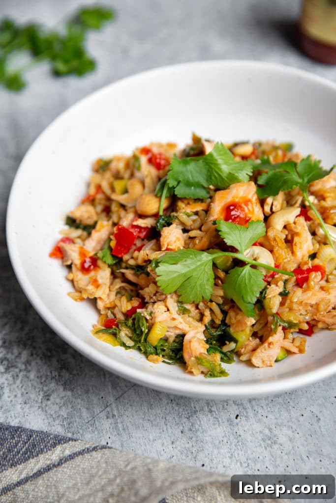 Close up of salmon fried rice in a bowl. 