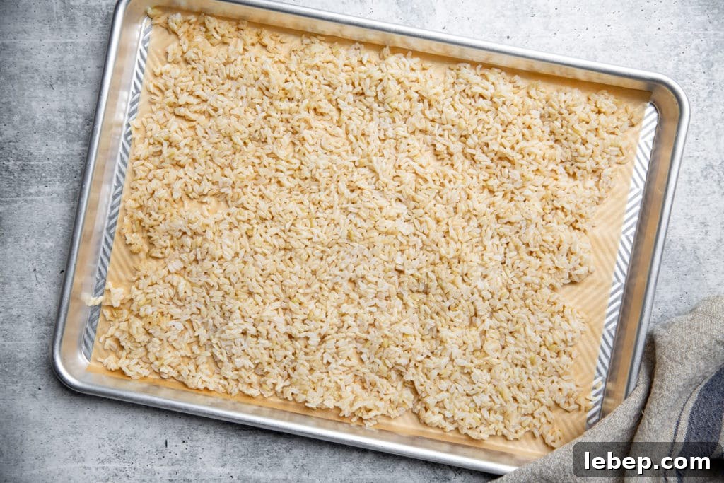 Brown rice spread out on a parchment lined baking sheet to cool.