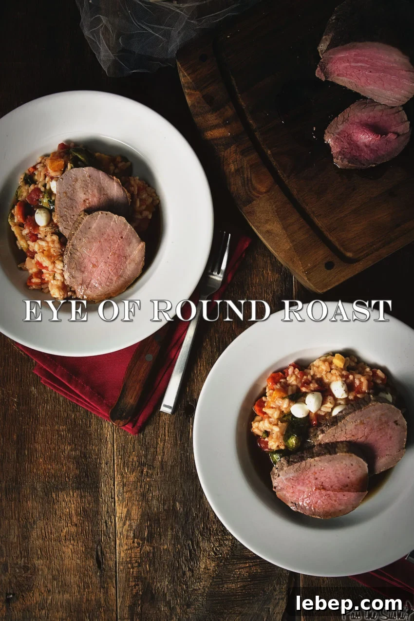 Tender Melt-in-Your-Mouth Eye of Round Roast Recipe 4 Above view of dishes with sliced eye round roast over risotto and remaining roast in corner