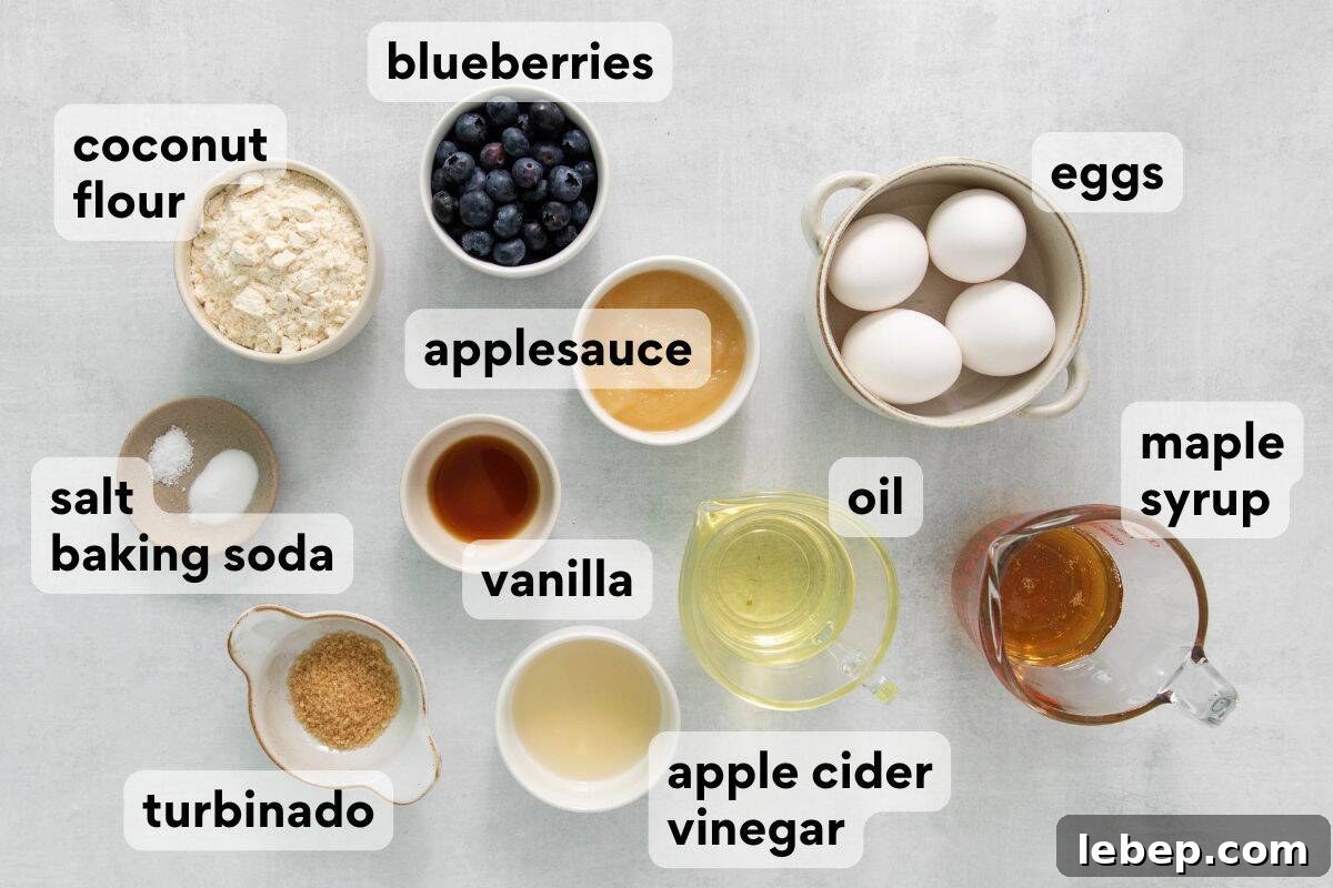 Low-Carb Coconut Flour Blueberry Muffins Recipe 3 coconut flour blueberry muffin ingredients measured and labeled.