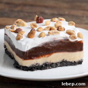 A Gluten and Dairy Free Oreo Peanut Butter Pie bar featuring a dark crumb crust, creamy beige layer, chocolate layer, and whipped topping, garnished with chopped peanuts, served on a white plate.