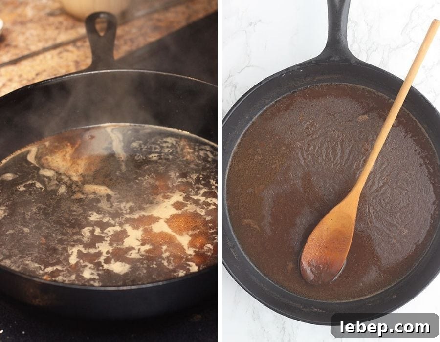 Southern Country Ham with Classic Red-Eye Gravy Recipe 7 left - red eye gravy simmering on the stove in a cast iron skillet. Right - finished red eye gravy in a cast iron skillet