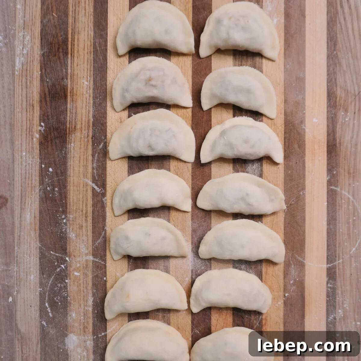 Filled raw pulled pork pierogi.