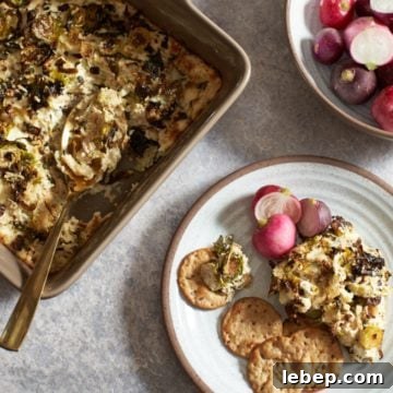 A brown pan of brussels sprouts dip next to a bowl of radishes and a small plate of dip and crackers.