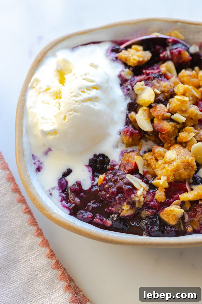 Mixed Berry Oat and Almond Crisp Recipe 24 Mixed Berry Oat Almond Crisp with a scoop of vanilla ice cream