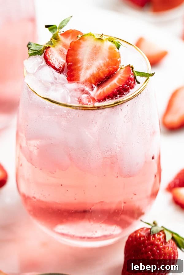 A strawberry mocktail with ice and fresh strawberries.