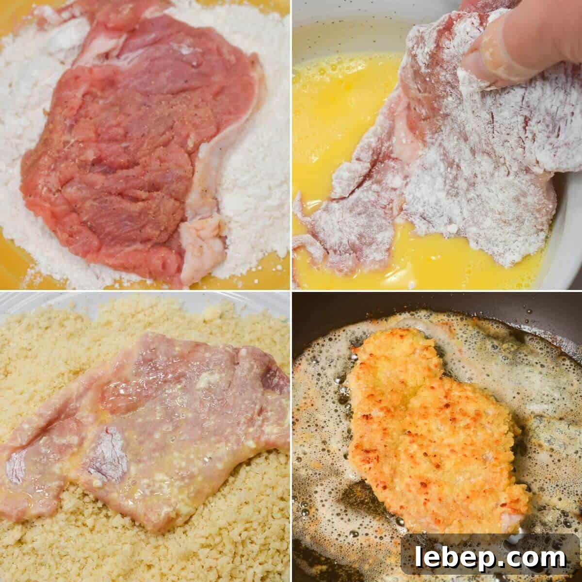 Four-step process of breading and frying pork cutlet: coating in flour, dipping in egg wash, covering with breadcrumbs, and frying in oil.