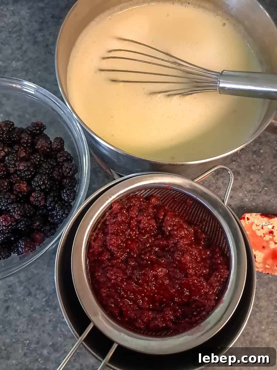 Creamy Amish Blackberry Ice Cream Recipe for Summer 4 cooked custard in a saucepan, cooked berry sauce straining over a bowl, and extra berries in a bowl.