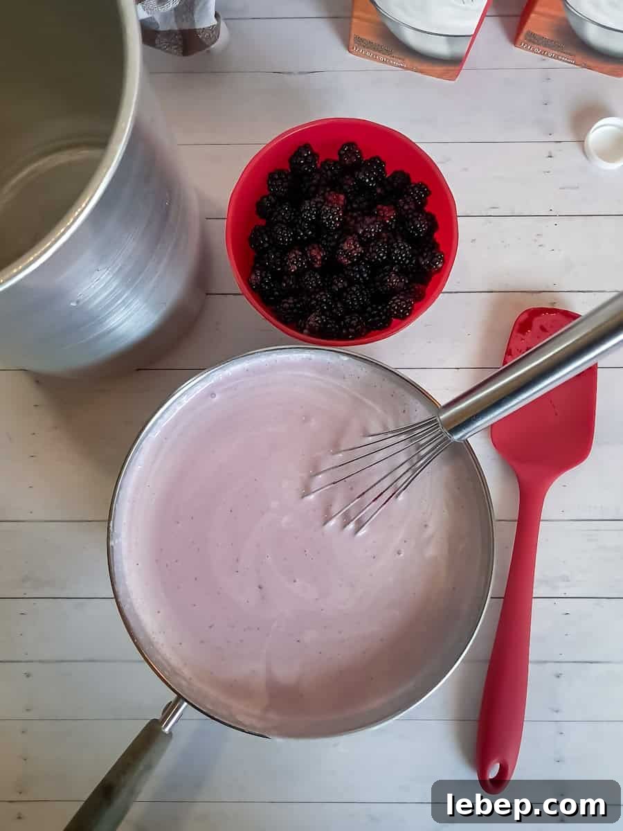 Creamy Amish Blackberry Ice Cream Recipe for Summer 7 frozen custard base ready to pour into the ice cream maker cylinder.