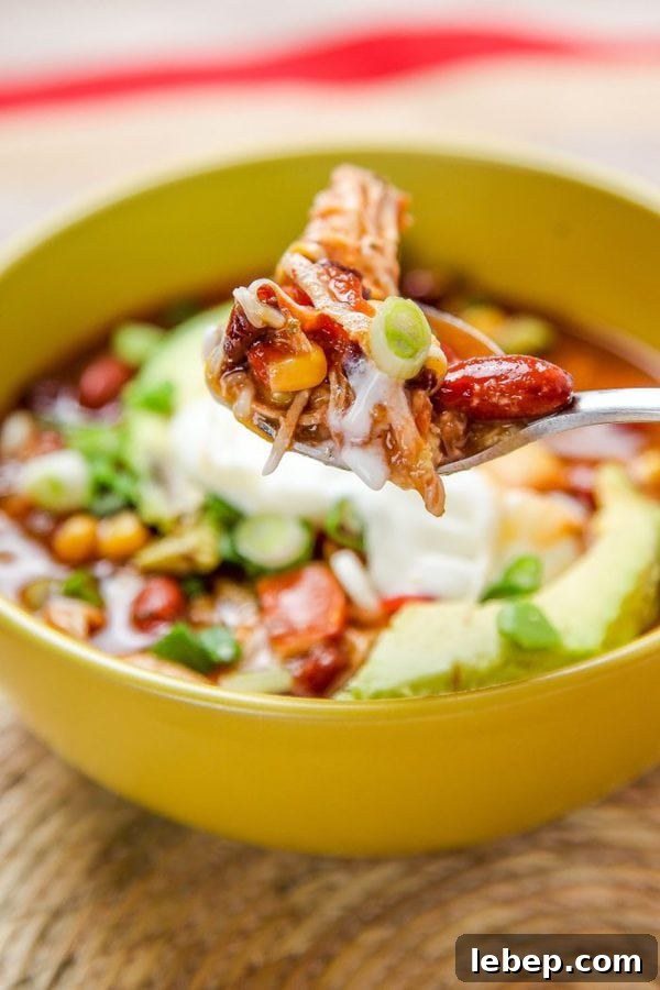 a spoon with a bite taco soup containing chicken, beans, corn, and green onion.
