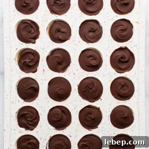 Peanut Butter Twix Cups Recipe — Homemade Candy Bars in Minutes 11 A tray of chocolate dipped cupcakes on a marble countertop.