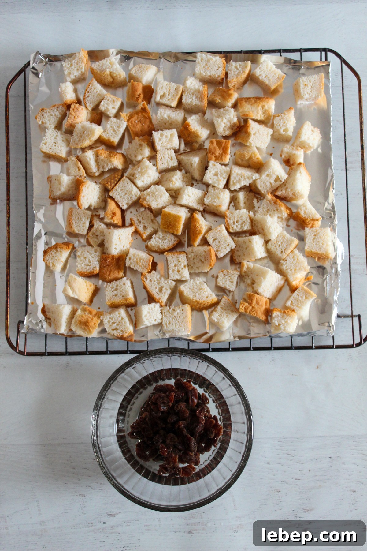 overhead shot of bread cubes