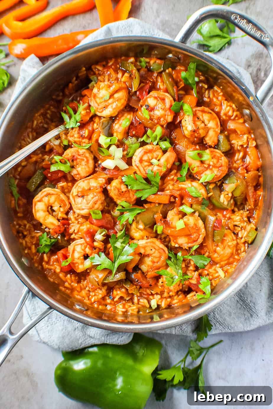 overhead shot of cajun shrimp and rice on spoon