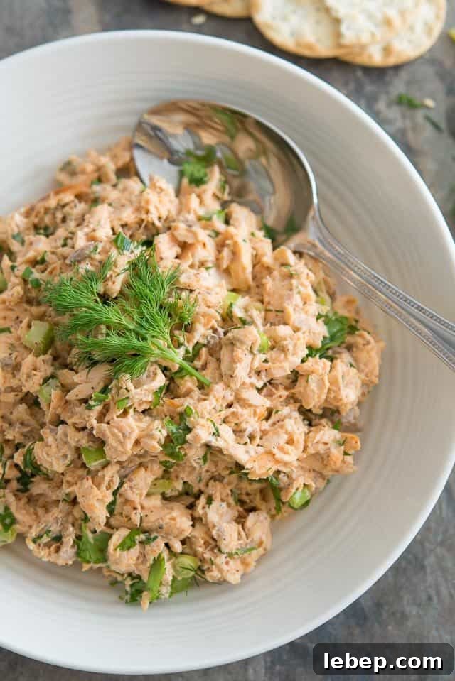 20+ Picnic and Potluck Salads That Stay Fresh and Travel Well 11 Salmon Salad - In a Bowl with Fresh Dill and Serving Spoon