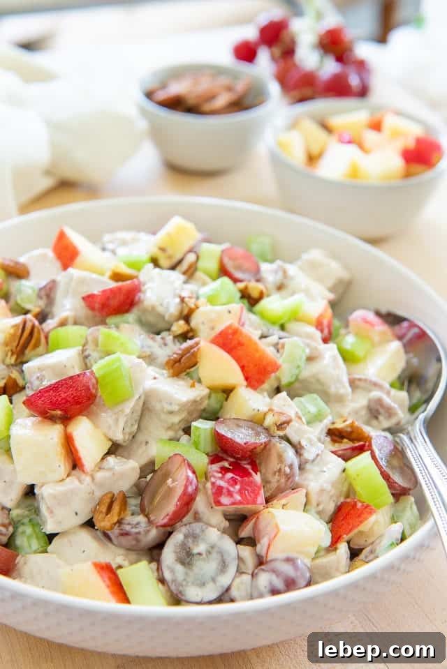 20+ Picnic and Potluck Salads That Stay Fresh and Travel Well 15 Waldorf Chicken Salad - In a White Bowl With Grapes, Pecans, Apples, Celery, and a Mayonnaise Dressing