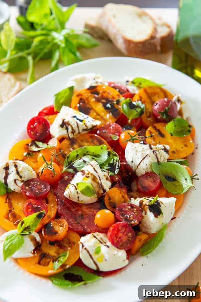 20+ Picnic and Potluck Salads That Stay Fresh and Travel Well 17 Burrata Caprese on White Plate with Balsamic Drizzle