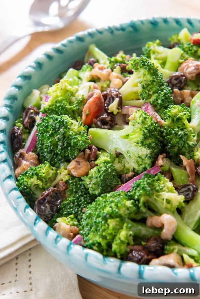 20+ Picnic and Potluck Salads That Stay Fresh and Travel Well 4 Broccoli Salad - In a Blue Bowl with Red Onion and Raisins