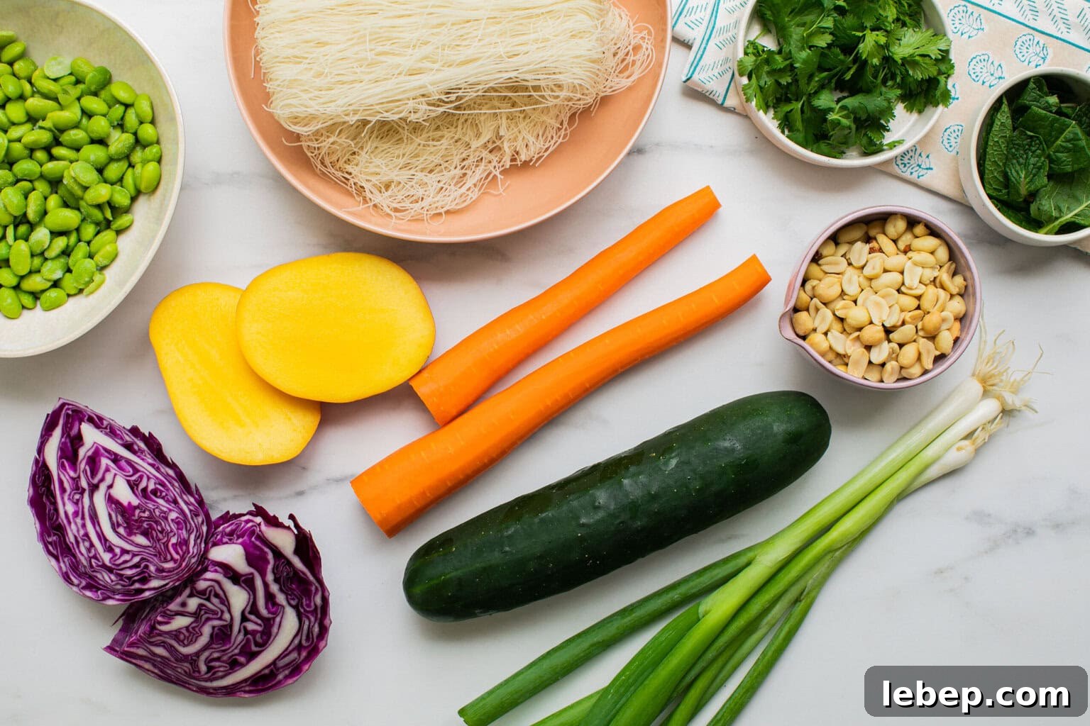 Spring Roll Bowl Recipe: Fresh Vietnamese Salad Bowl with Dipping Sauce 3 thin rice noodles, herbs, peanuts, carrots, cucumber, green onions, cabbage, mango, edamame