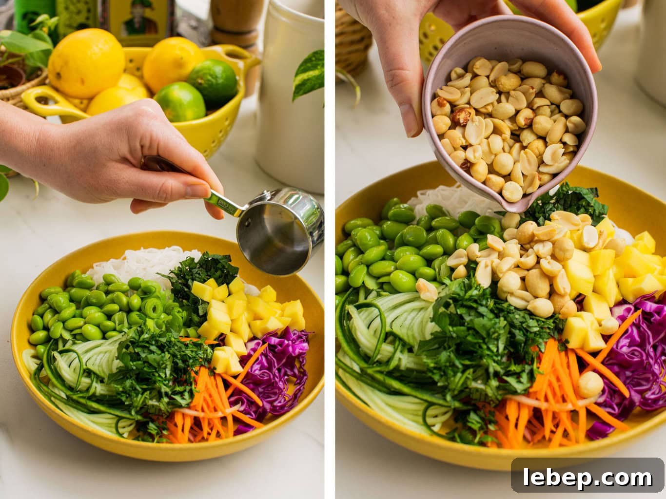 Spring Roll Bowl Recipe: Fresh Vietnamese Salad Bowl with Dipping Sauce 6 add mango and peanuts