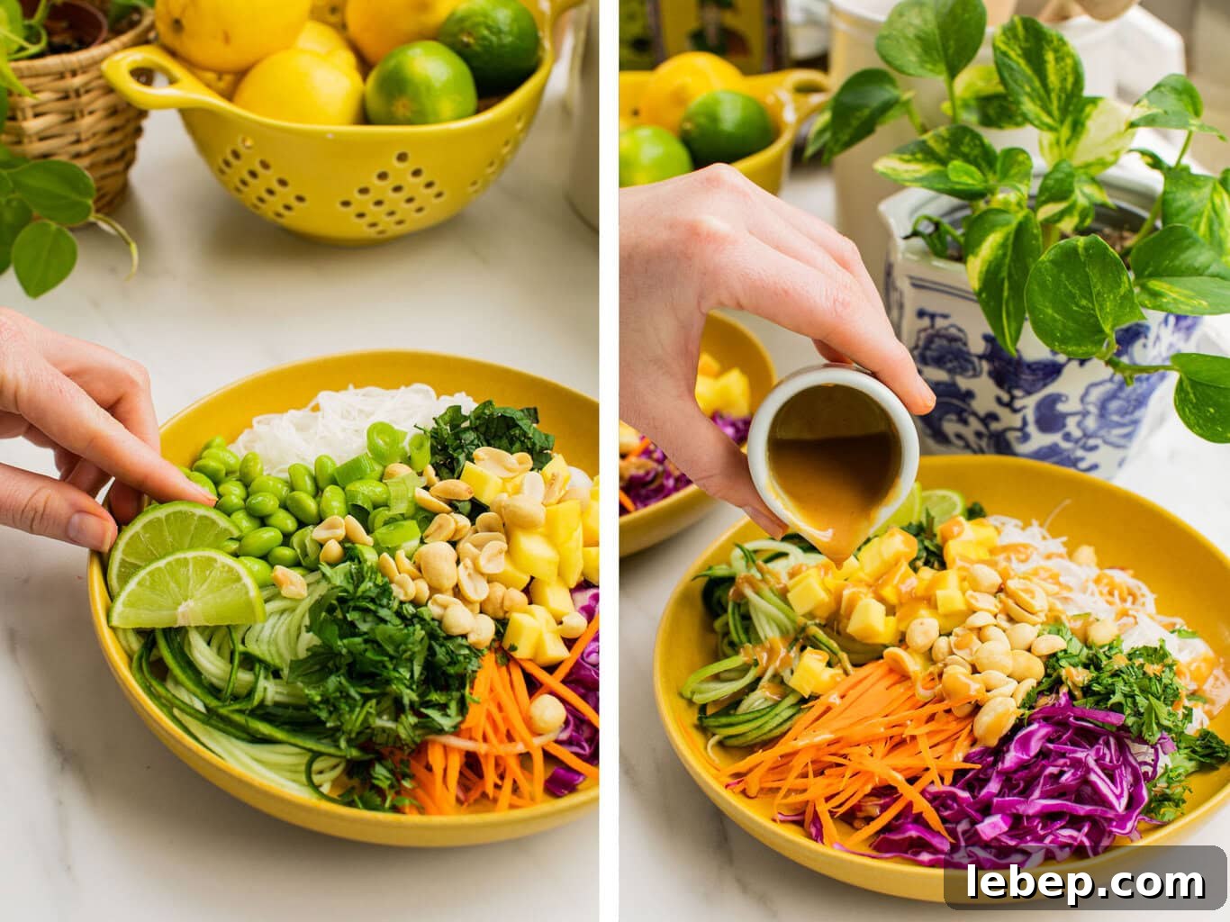 Spring Roll Bowl Recipe: Fresh Vietnamese Salad Bowl with Dipping Sauce 7 add lime wedges and peanut sauce