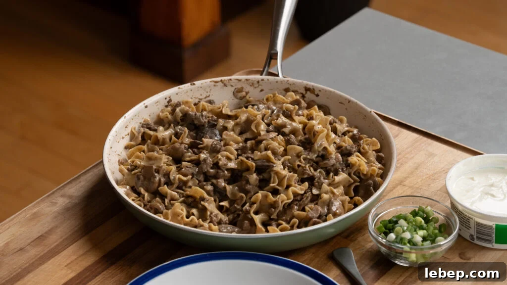 Classic Ground Beef Stroganoff with Egg Noodles Recipe 3 Grand beef stroganoff in a skillet.