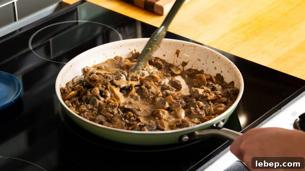 Classic Ground Beef Stroganoff with Egg Noodles Recipe 5 Mixing the beef stroganoff in the skillet with a wooden spoon.