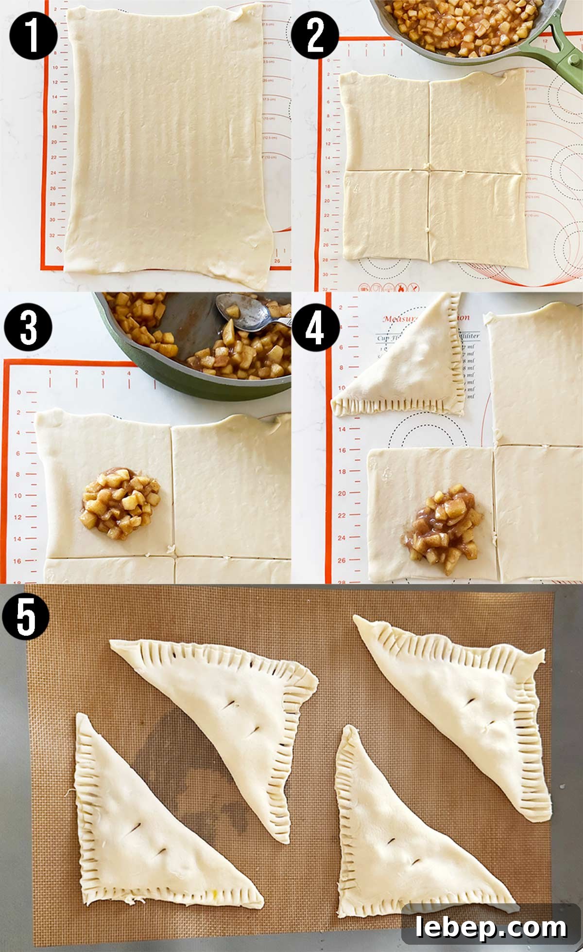 Step by step photos on how to make apple turnovers on a kitchen counter. 
