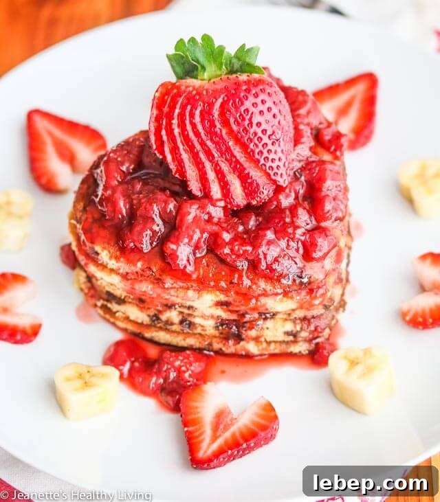 Whole-Wheat Buttermilk Banana Chocolate Chip Pancakes with Strawberry Sauce 2 Whole Wheat Buttermilk Banana Chocolate Chip Pancakes with fresh Strawberry Sauce - treat your loved ones to a gorgeous stack of these pancakes for Valentine's Day or any other special occasion!