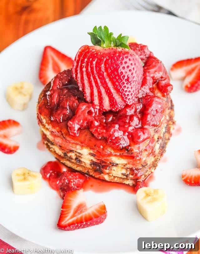 Whole-Wheat Buttermilk Banana Chocolate Chip Pancakes with Strawberry Sauce 9 Whole Wheat Buttermilk Banana Chocolate Chip Pancakes with fresh Strawberry Sauce - treat your loved ones to a gorgeous stack of these pancakes for Valentine's Day or any other special occasion!