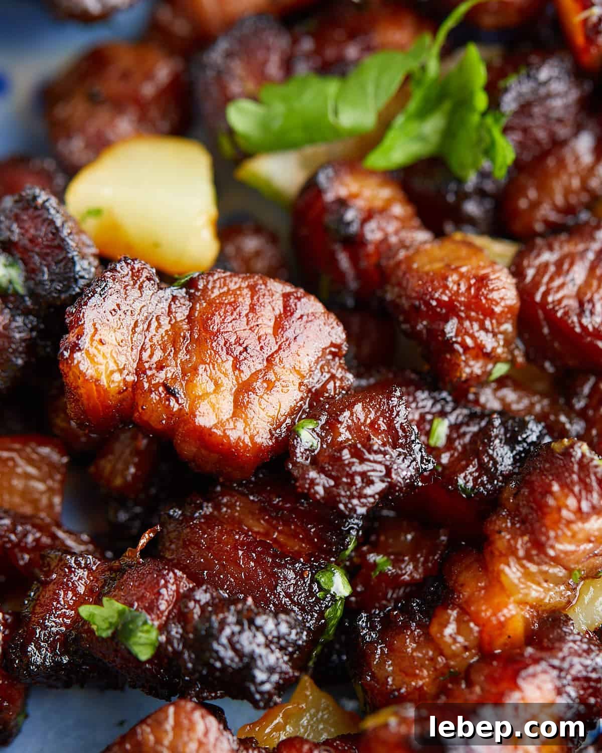 Up close image of air fryer pork belly bites.