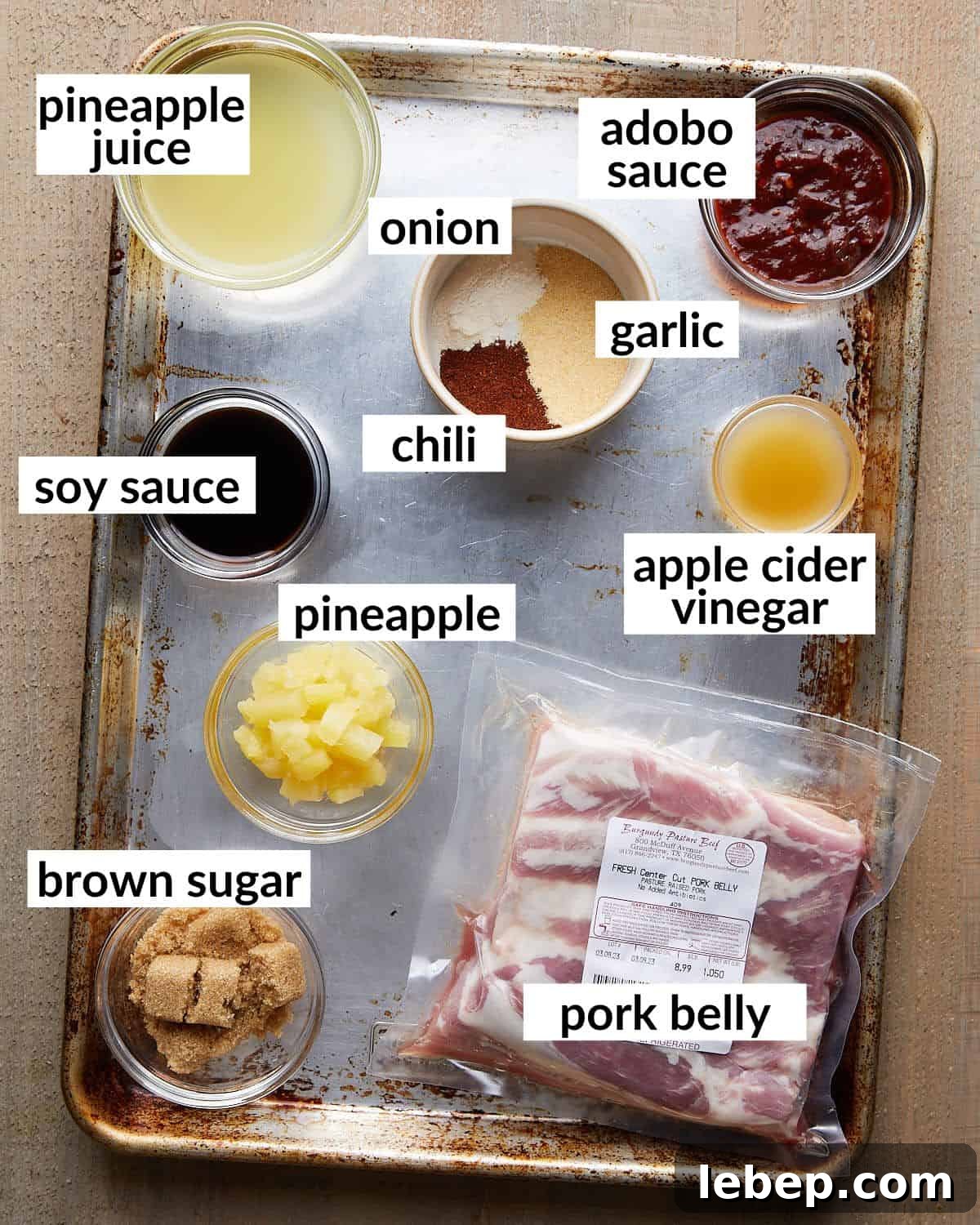 Overhead image of ingredients needed to make air fryer pork belly bites.