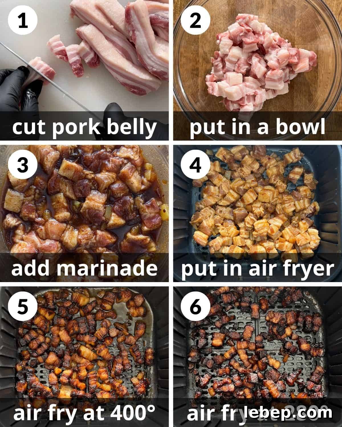 A 6 photo collage showing the assembly of air fryer pork belly bites recipe.