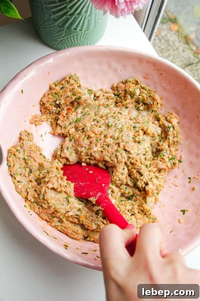 Ground chicken mixed with onion and spices in a large bowl.