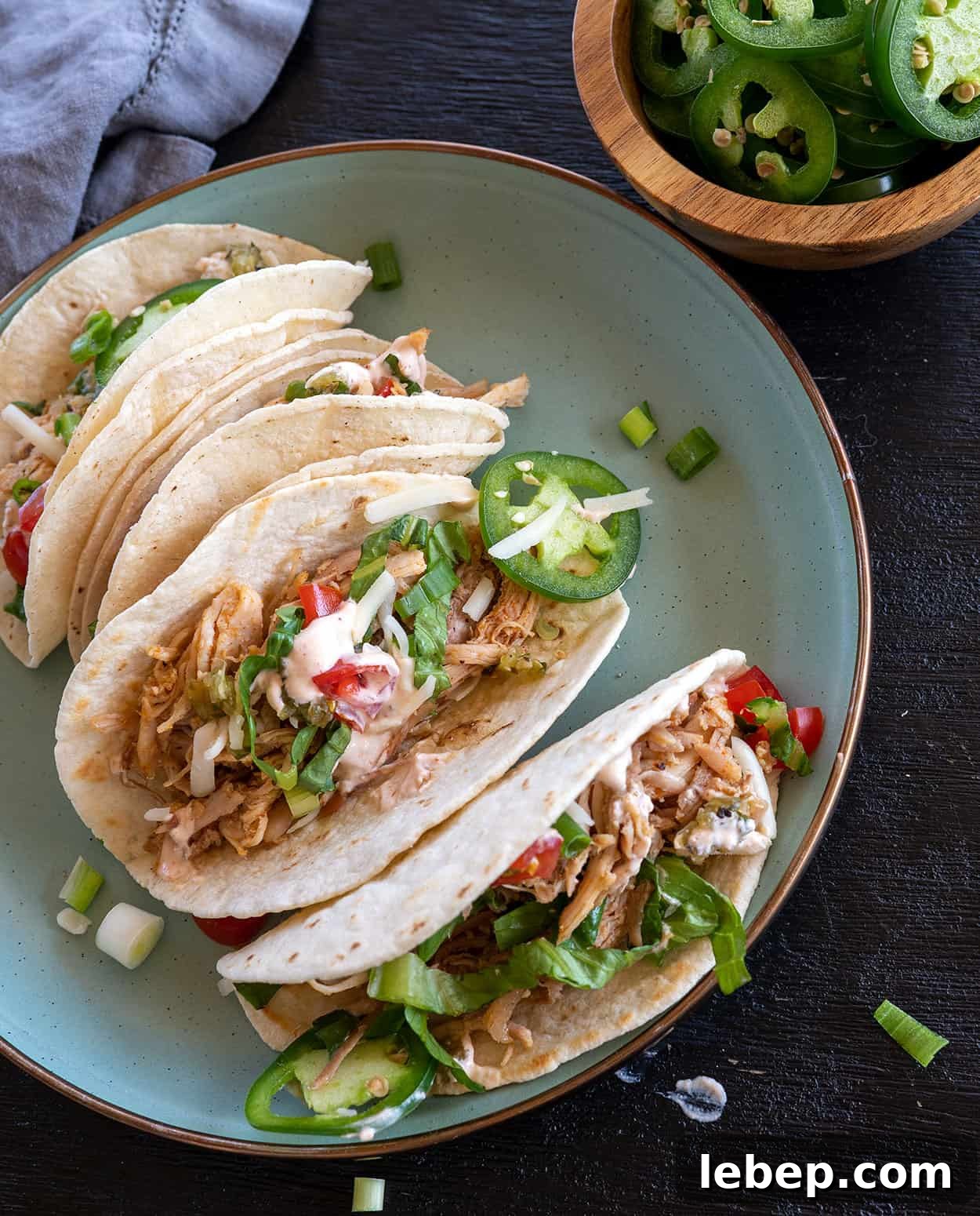 overhead view of pulled turkey tacos