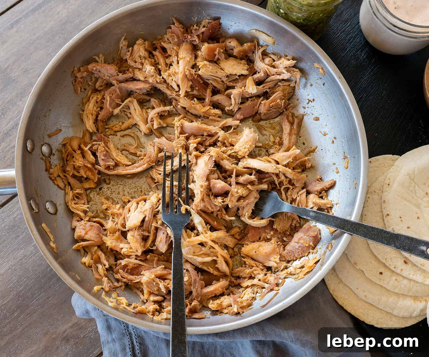 overhead view of seasoned pulled turkey