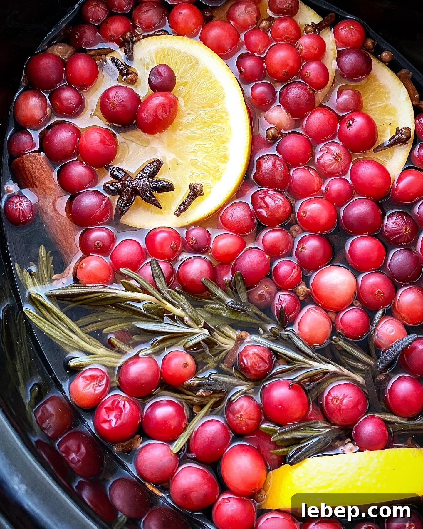 Holiday Crockpot Potpourri Simmer for Festive Home Scents 2 overhead shot of Simmering Holiday Potpourri in a black slow cooker
