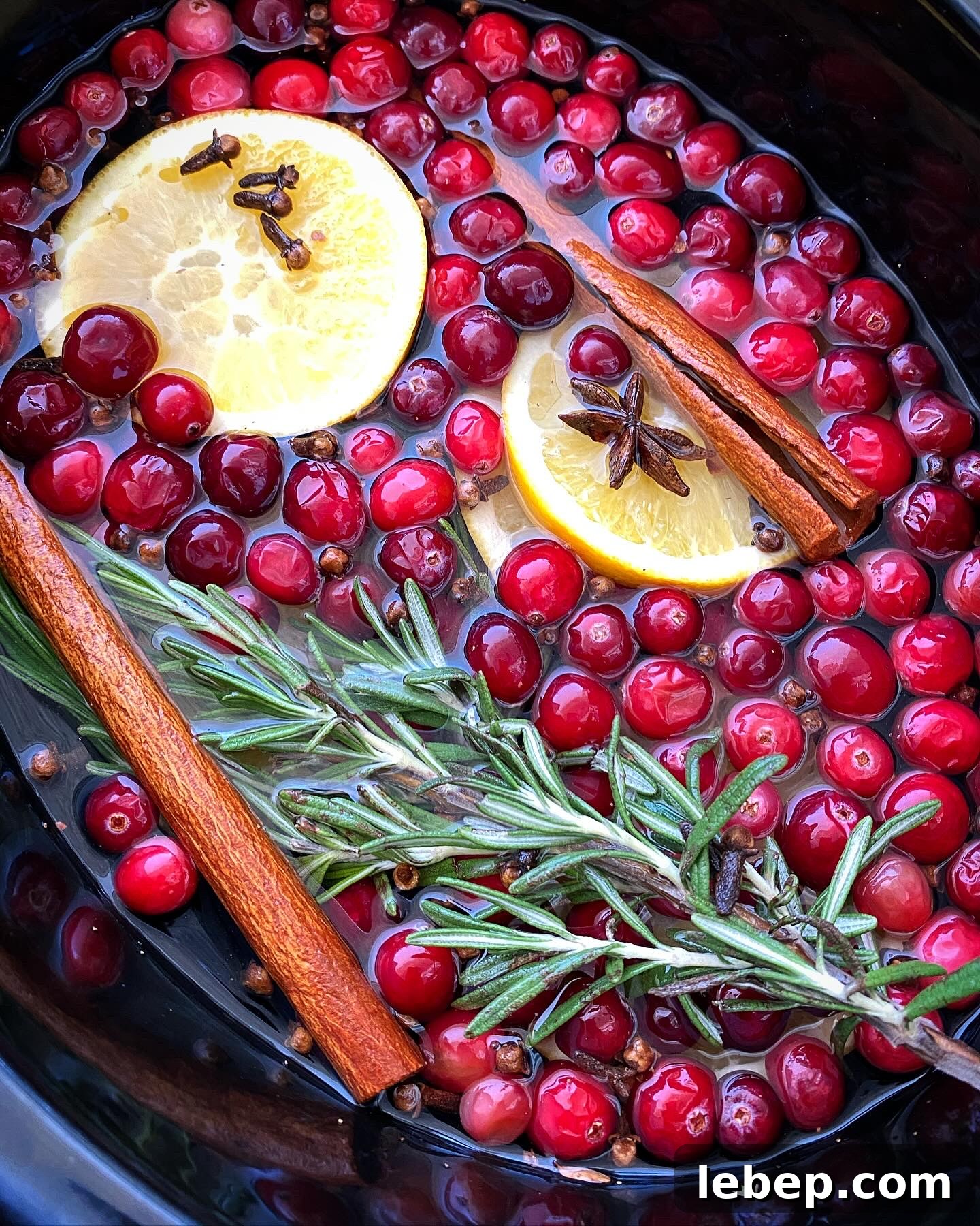 Holiday Crockpot Potpourri Simmer for Festive Home Scents 5 closer up shot of Simmering Holiday Potpourri in a black slow cooker
