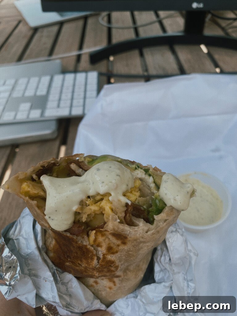Skiers’ Breakfast Burrito Recipe from Beaumont Bakery 4 Breakfast burrito with sauce