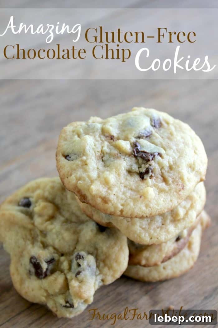 Image shows a close up of a pile of gluten free chocolate chip cooks on a table. Text above reads "Amazing Gluten-Free Chocolate Chip Cookies"