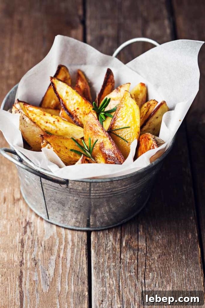 Baked Potato Wedges in a tin with parchment paper on a wooden table