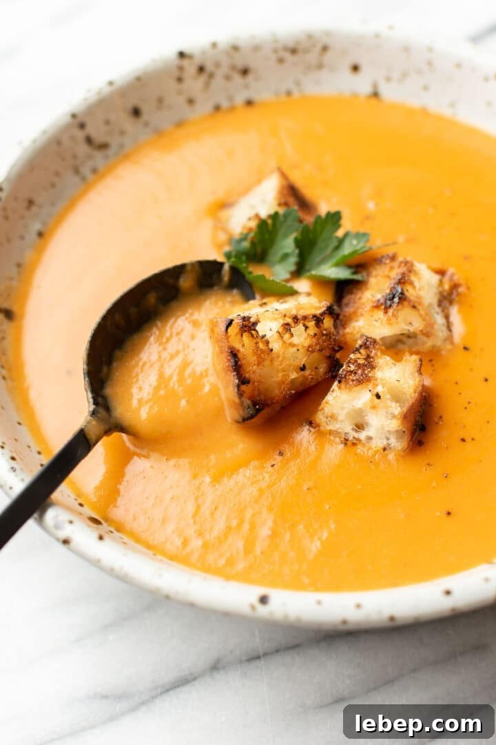Creamy Potato, Leek & Tomato Soup Recipe for Cozy Meals 2 a bowl of potato leek tomato soup with croutons and a spoon