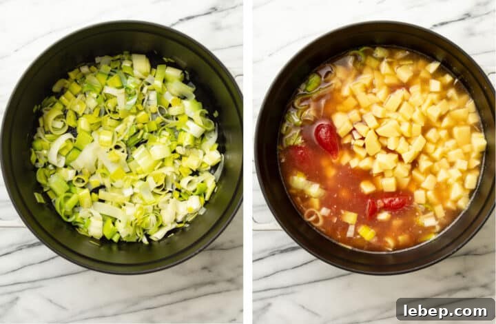 Creamy Potato, Leek & Tomato Soup Recipe for Cozy Meals 4 sauteing leeks and adding tomatoes and potatoes to a soup pot